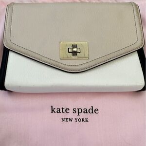 Kate Spade ~ Clutch/shoulder handbag/crossbody ~ khaki and ivory with black trim